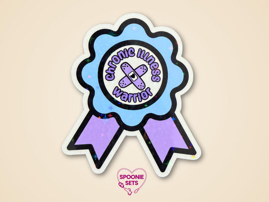 Blue and purple award ribbon sticker with "Chronic Illness Warrior" text and a bandage icon.