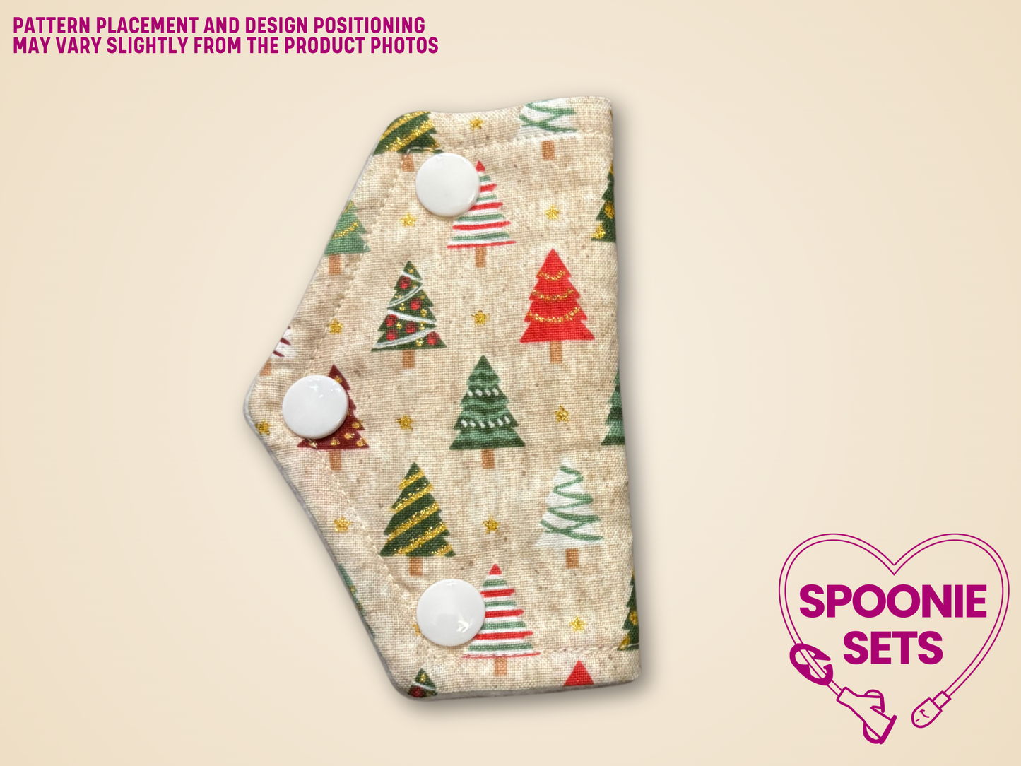 Patterned product with Christmas tree design on a beige background, featuring the brand 'Spoonie Sets'.