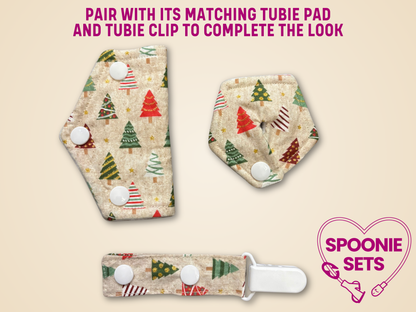 Christmas-themed spoonie sets with pad, clip on a beige background.