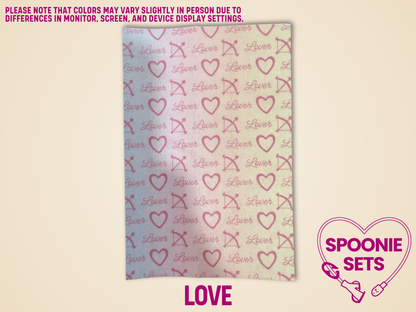 Decorative Hypafix tubie tape sheets with "Lover" text, hearts, and arrows.