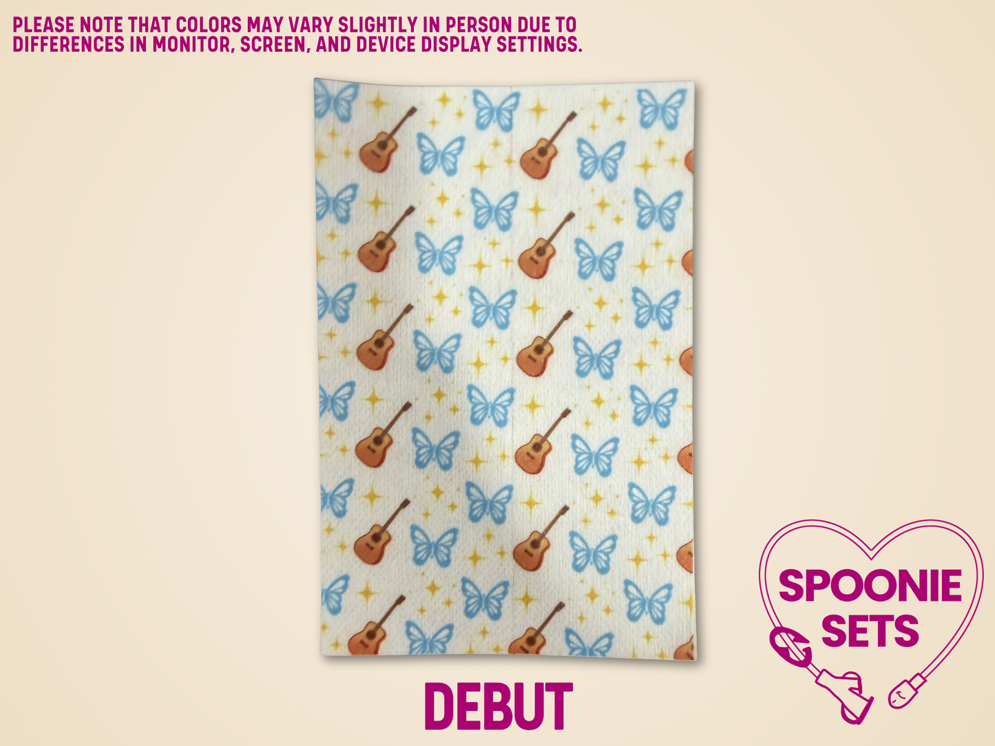 Hypafix tubie tape with blue butterflies and brown guitars on a white background.