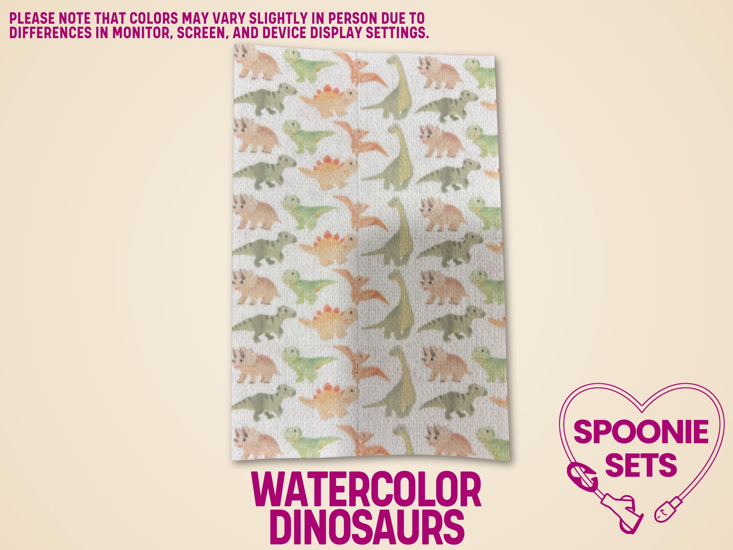 White Hypafix tubie tape sheet with a watercolor dinosaur pattern in green, orange, and yellow.