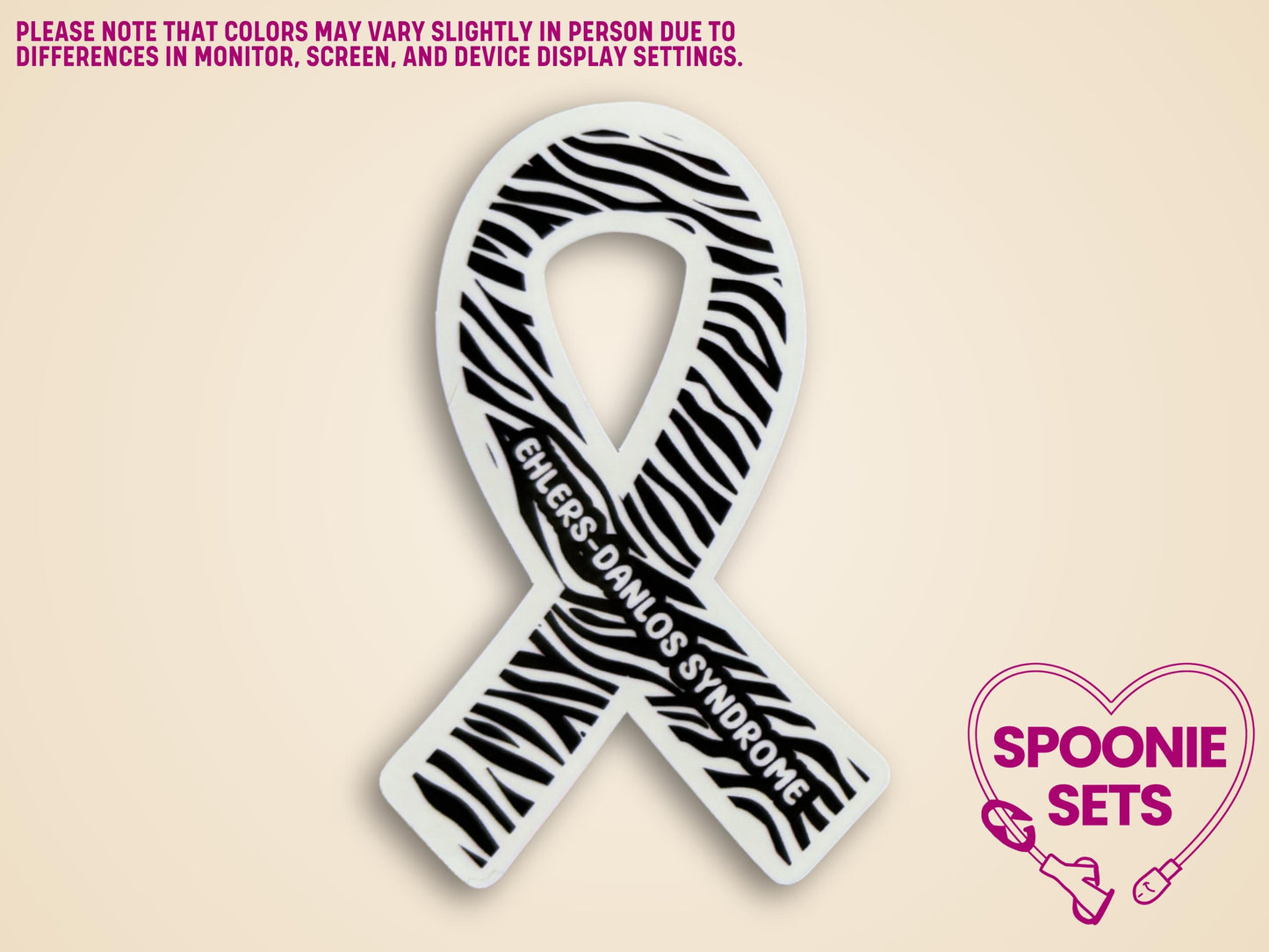 Zebra print awareness ribbon sticker with "Ehlers-Danlos Syndrome" text, 2"x3", matte finish.