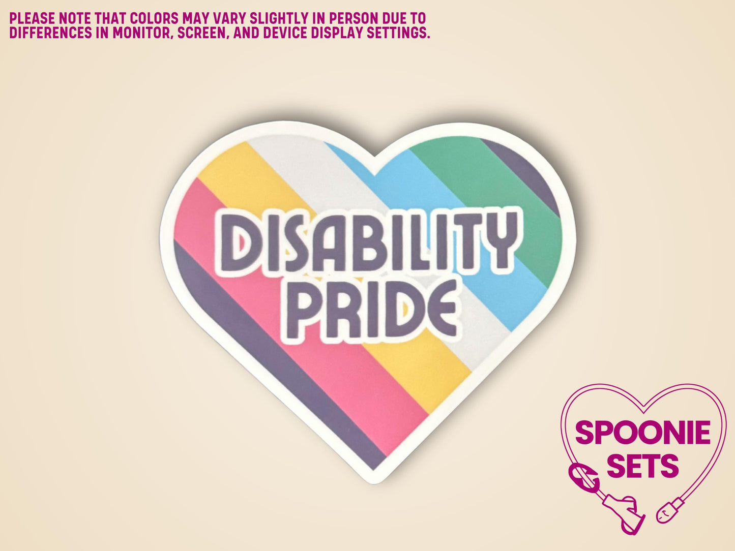 Heart-shaped Disability Pride sticker with flag colors and "Disability Pride" text.