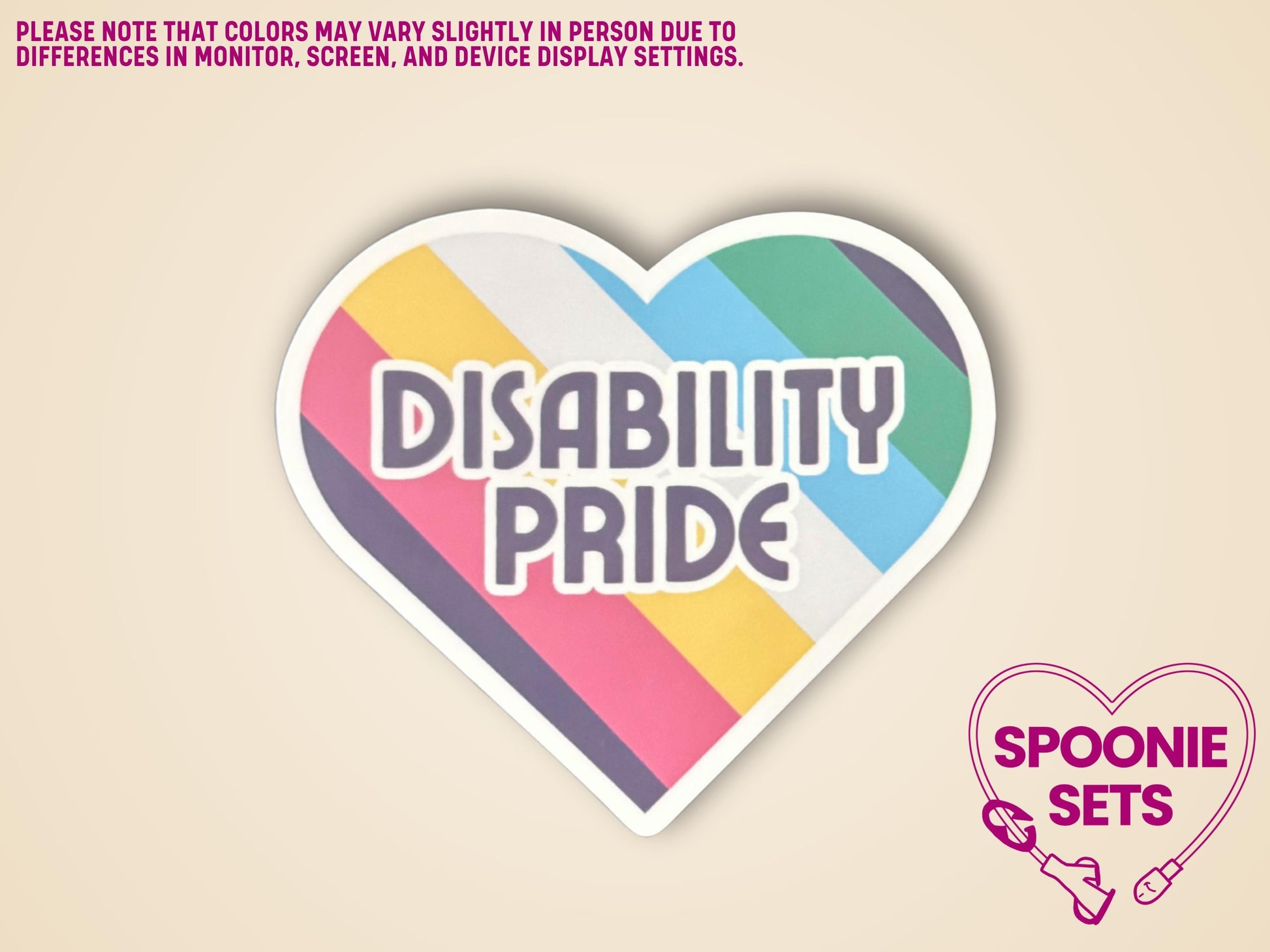 Heart-shaped Disability Pride sticker with flag colors and "Disability Pride" text.