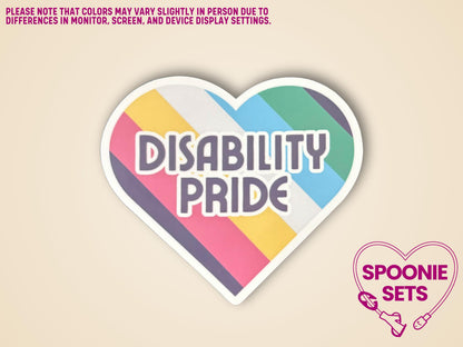 Heart-shaped Disability Pride sticker with flag colors and "Disability Pride" text.