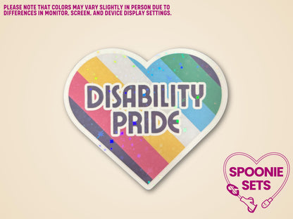 Holographic glitter heart sticker with Disability Pride Flag colors and "Disability Pride" text.