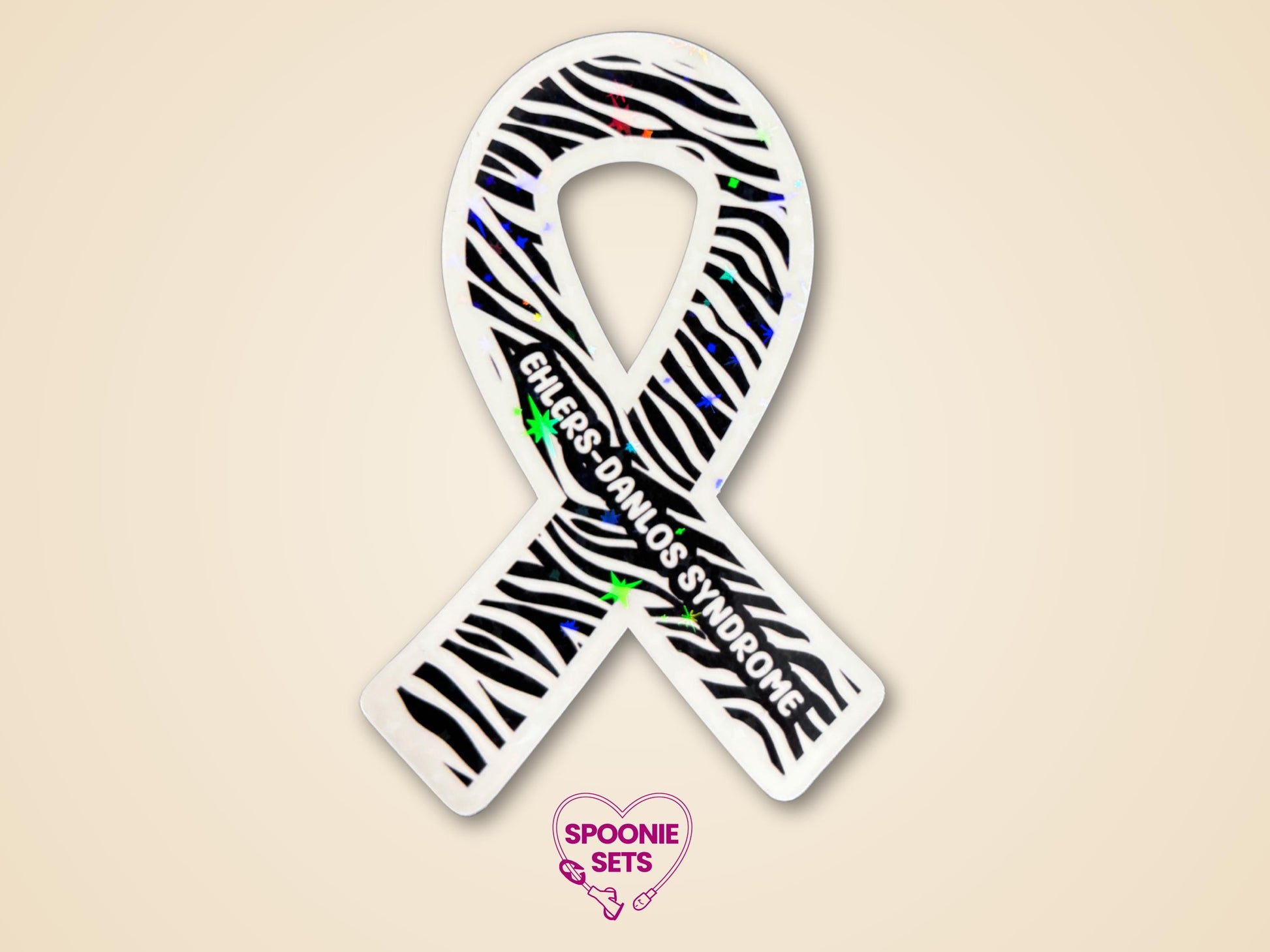 Holographic zebra print awareness ribbon sticker with "Ehlers-Danlos Syndrome" text, 2"x3".