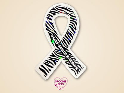Holographic zebra print awareness ribbon sticker with "Ehlers-Danlos Syndrome" text, 2"x3".