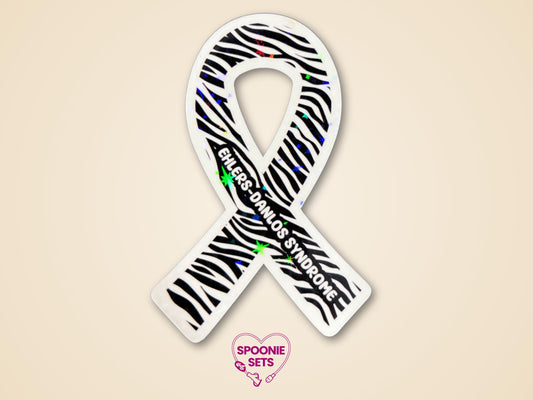 Holographic zebra print awareness ribbon sticker with "Ehlers-Danlos Syndrome" text, 2"x3".