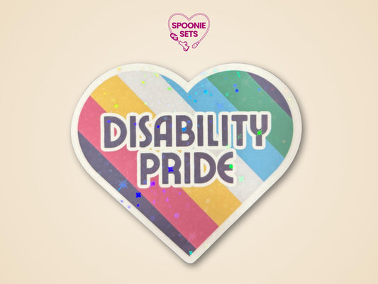 Holographic glitter heart sticker with Disability Pride Flag stripes and "Disability Pride" text.