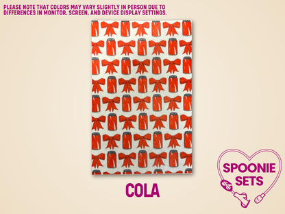 White Hypafix tubie tape sheet with a repeating pattern of red bows and cola cans.