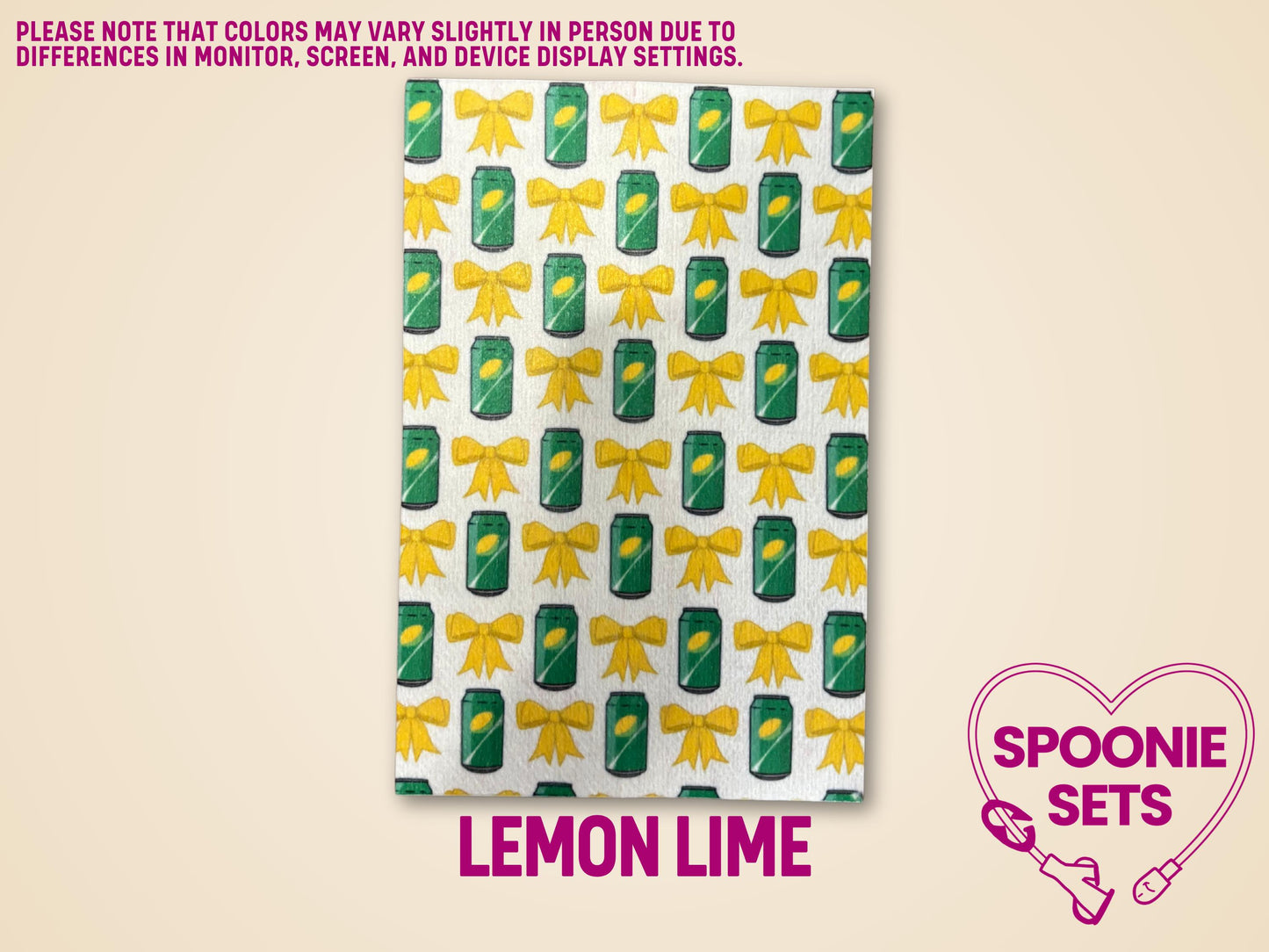 Lemon Lime Drinks Tubie Tape: green soda cans and yellow bows on white Hypafix tape.