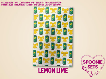 Lemon Lime Drinks Tubie Tape: green soda cans and yellow bows on white Hypafix tape.