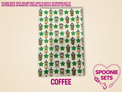 Hypafix tubie tape with a repeating pattern of coffee cups and green stars on a light background.