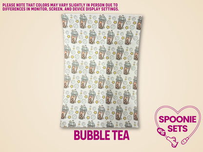 Bubble Tea Tubie Tape: white Hypafix tape with colorful boba tea cups and stars pattern.