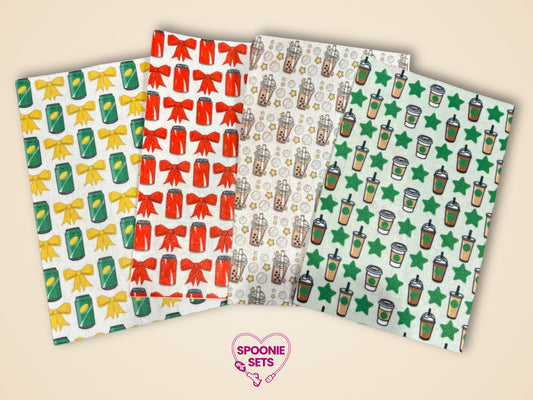 Four sheets of decorative tubie tape: green soda cans with yellow bows, red soda cans with red bows, boba tea, and coffee cups with green stars.