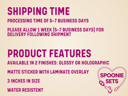 Text on a light background detailing shipping time and product features like finishes, size, and water resistance.