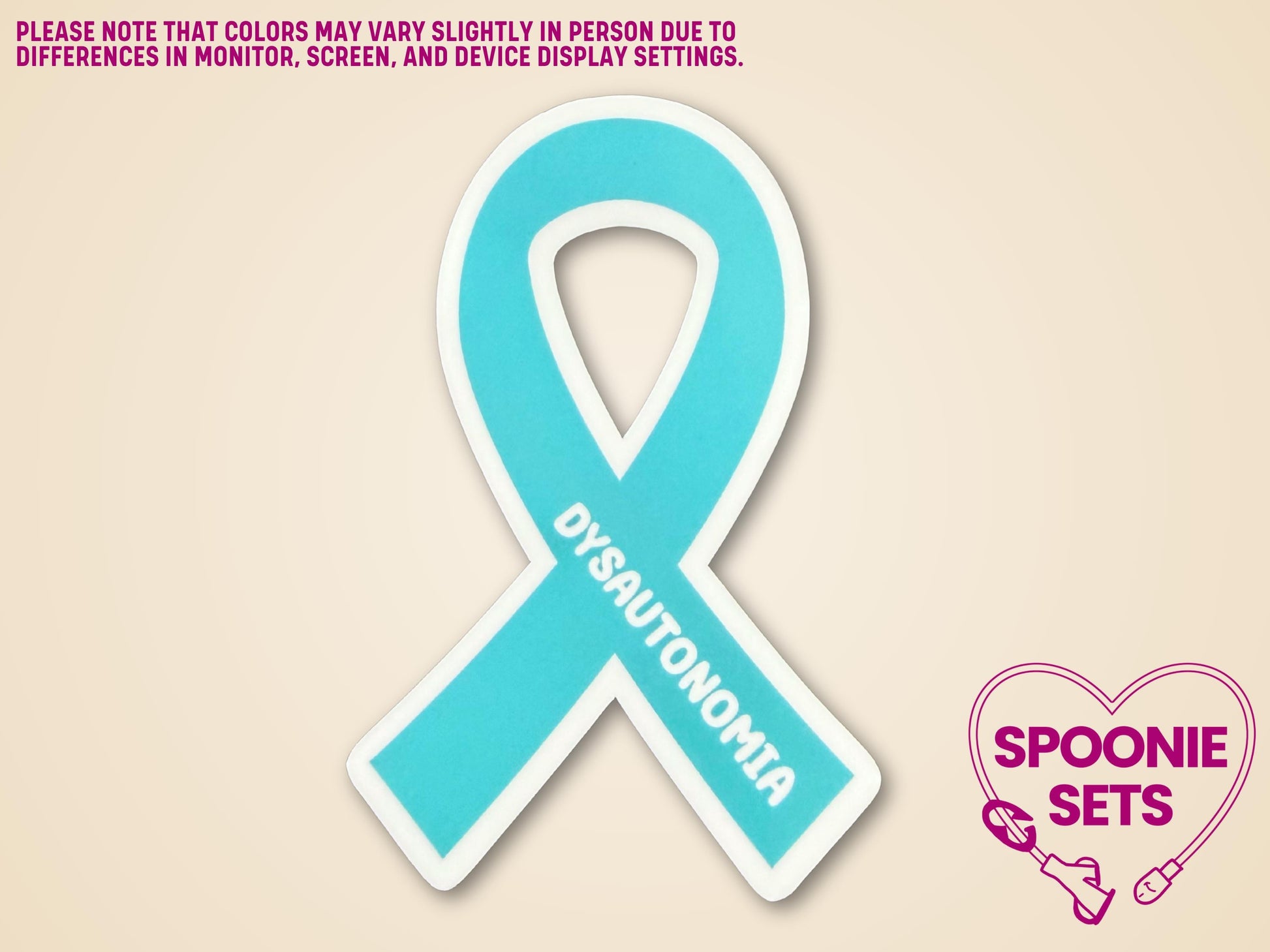 Teal awareness ribbon sticker with "Dysautonomia" text, 2"x3" matte with glossy or holographic laminate.