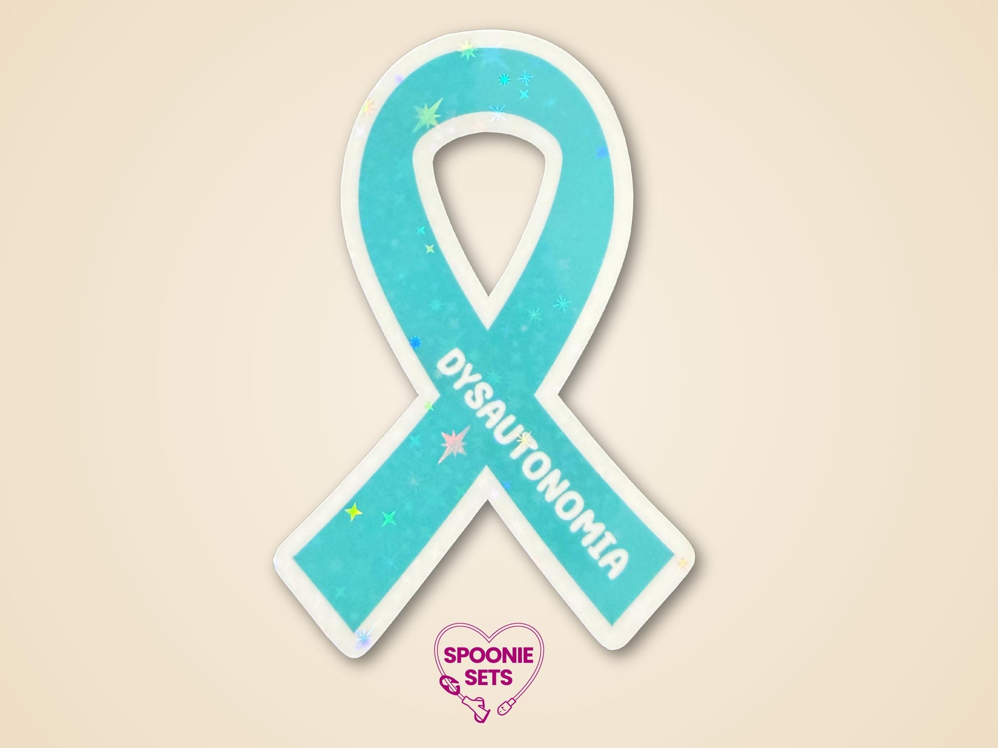 Teal dysautonomia awareness ribbon sticker with holographic glitter laminate, 2"x3".