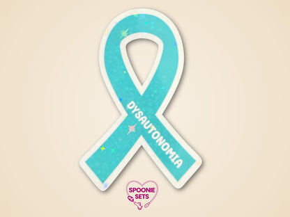 Teal dysautonomia awareness ribbon sticker with holographic glitter laminate, 2"x3".