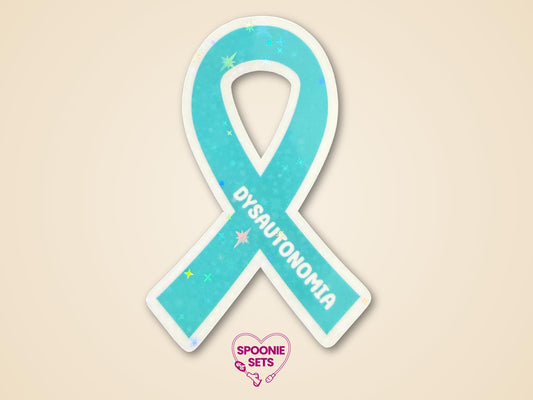 Teal dysautonomia awareness ribbon sticker with holographic glitter laminate, 2"x3".