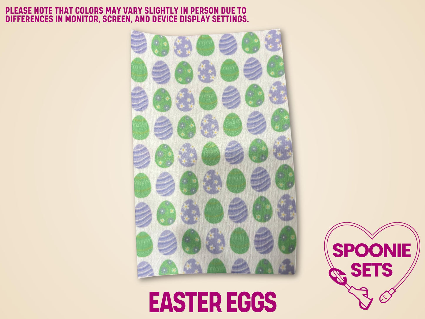 Easter Eggs tubie tape sheet with purple and green patterned eggs on a white background.