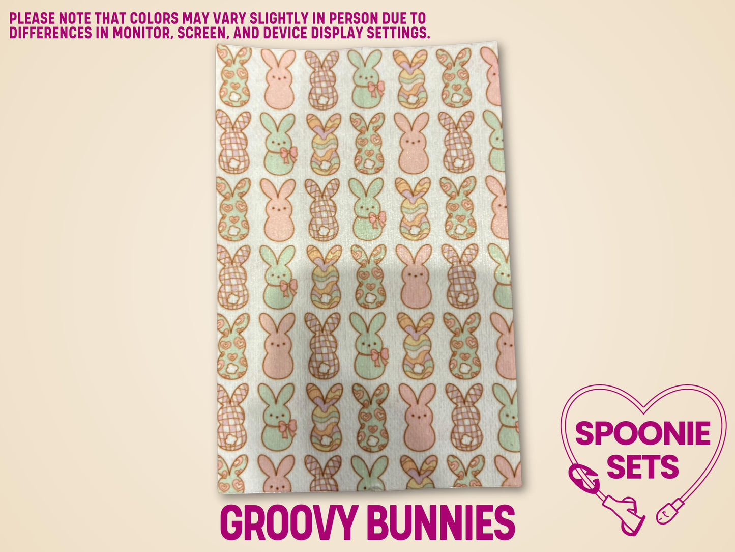 Easter Tubie Tape with "Groovy Bunnies" design, featuring pink, green, and brown patterned bunnies on Hypafix tape.