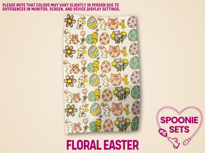 Floral Easter tubie tape with chicks, bunnies, and eggs on a white Hypafix sheet.