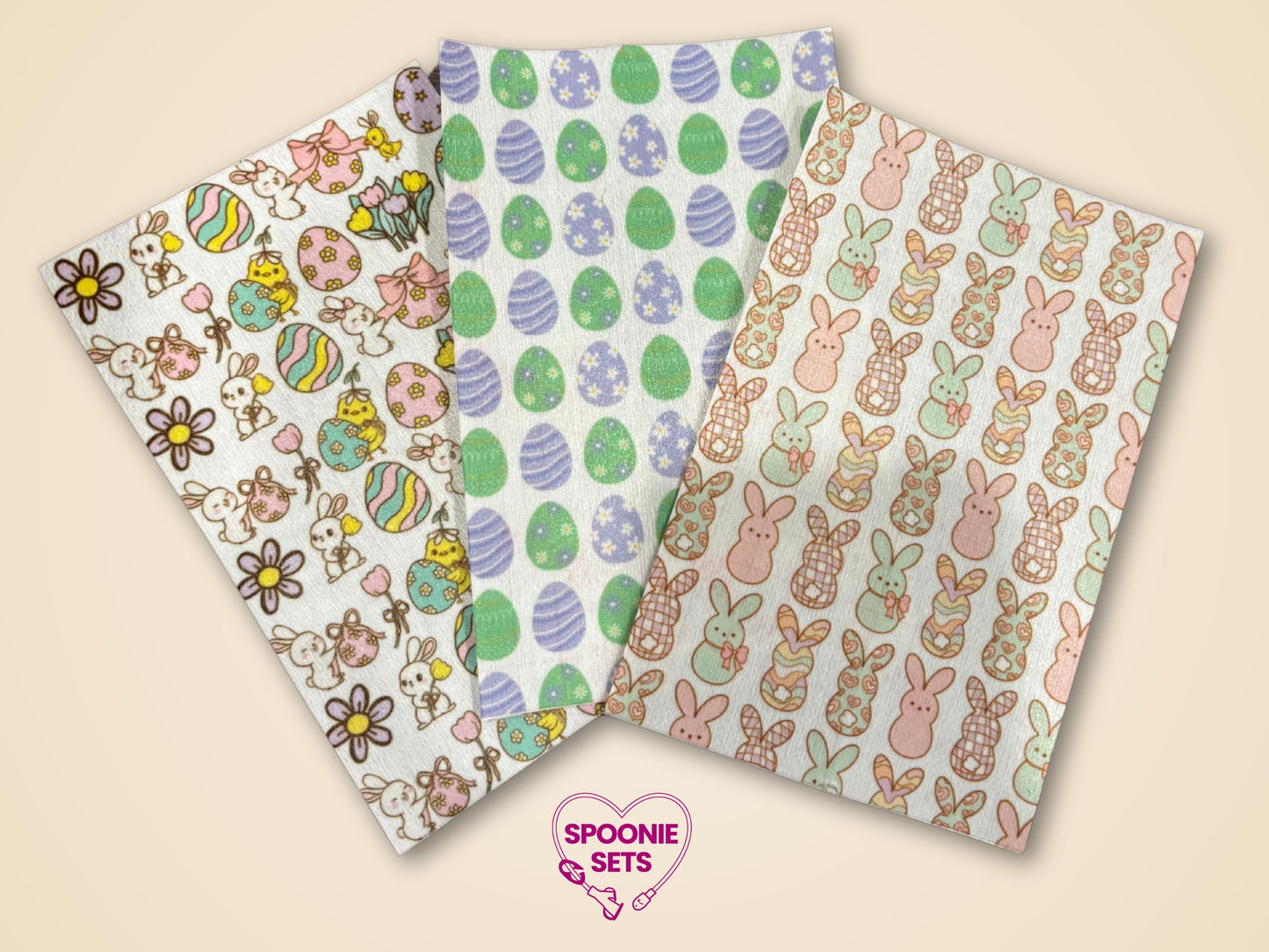 Three sheets of decorative Easter tubie tape: floral chicks, bunnies, and eggs on soft Hypafix tape.