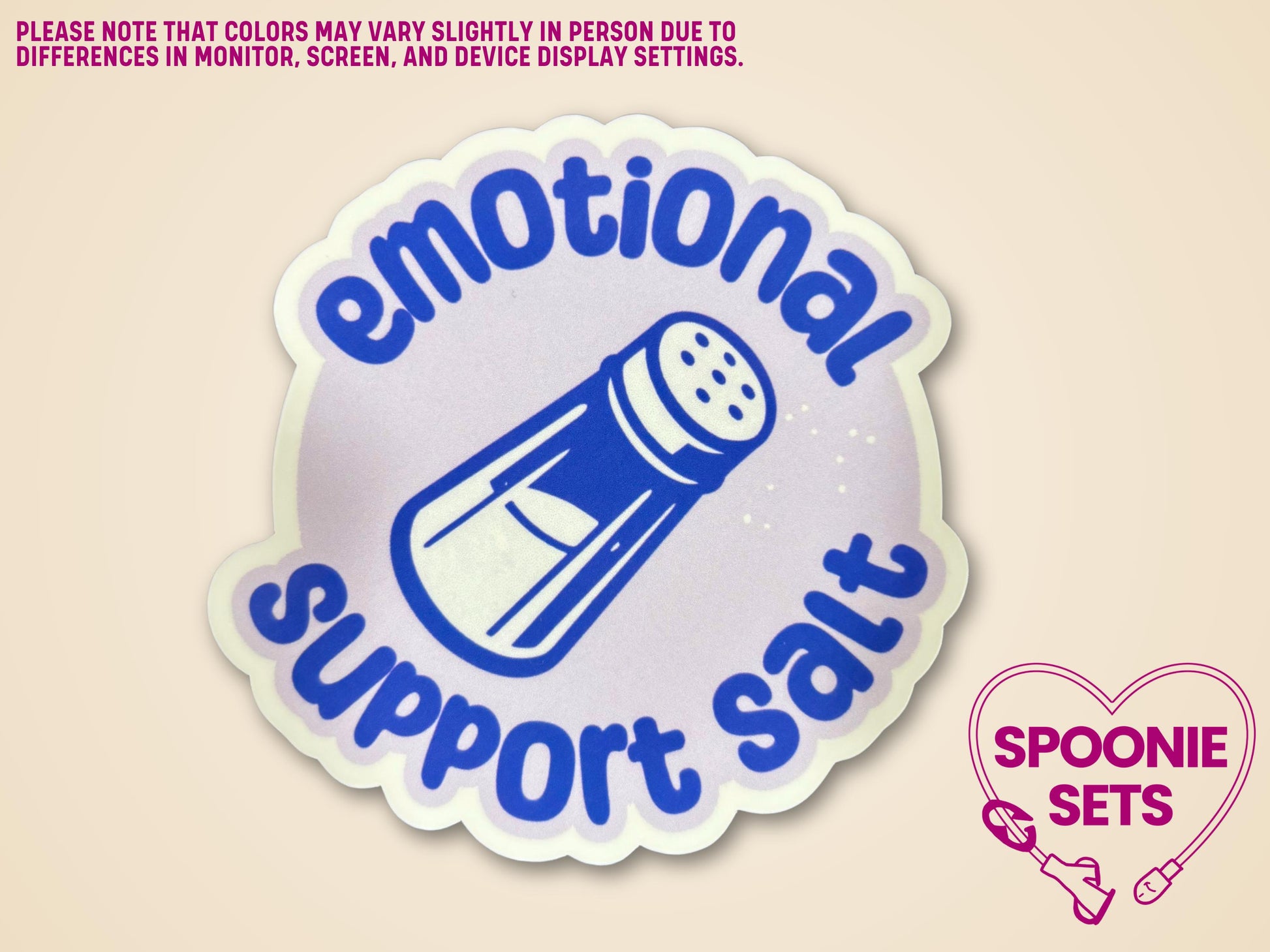 Round sticker with a blue salt shaker and "Emotional Support Salt" text, 3" wide x 3" tall.