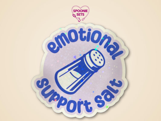Holographic glitter sticker with a blue salt shaker and "Emotional Support Salt" text on a light purple background.