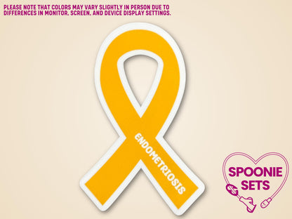 Yellow endometriosis awareness ribbon sticker with "ENDOMETRIOSIS" text, 2"x3", matte finish.