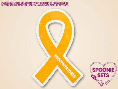 Yellow awareness ribbon sticker with "Endometriosis" text, subtle glitter, and white border.