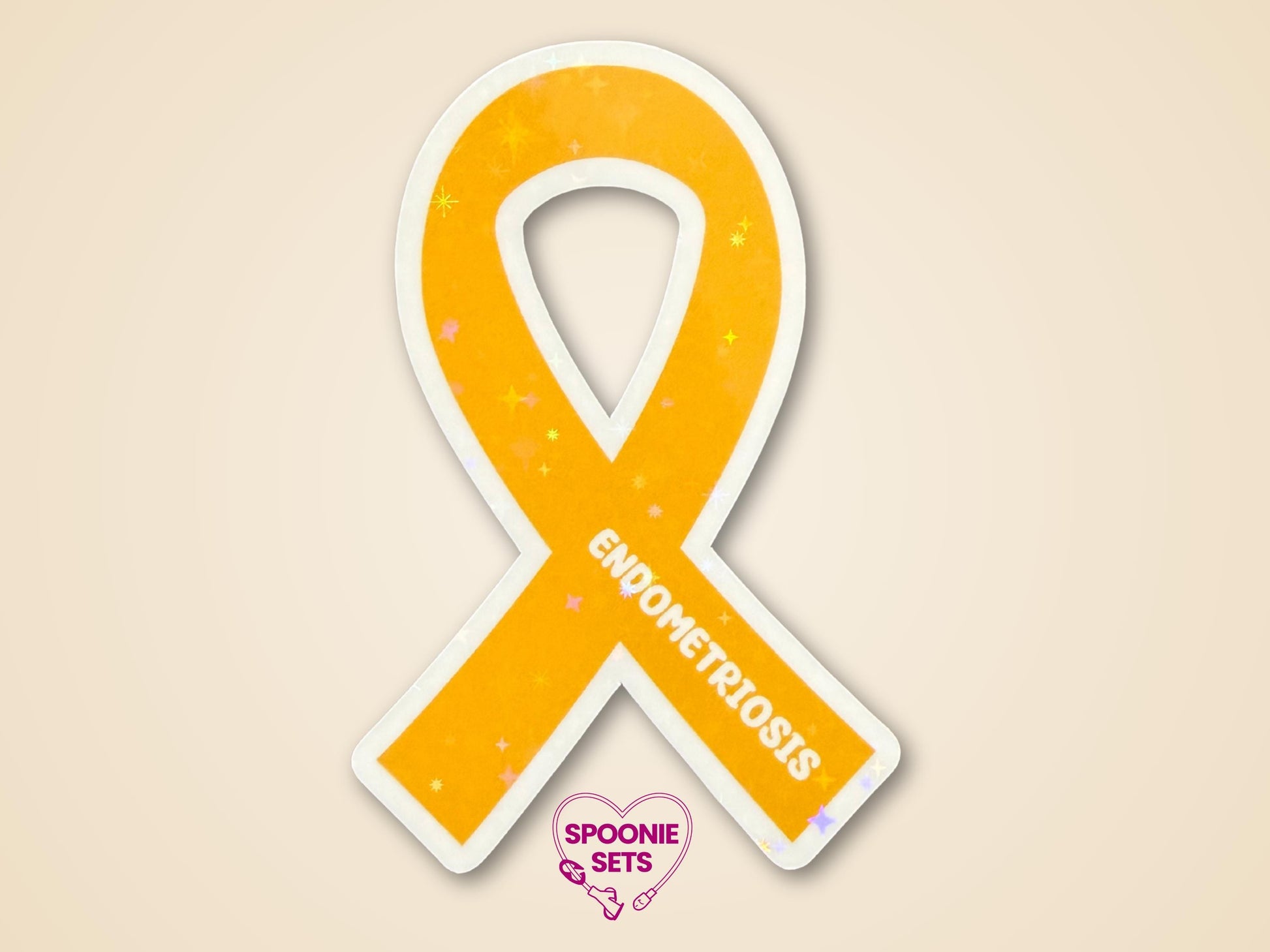 Yellow endometriosis awareness ribbon sticker with "ENDOMETRIOSIS" text and holographic glitter laminate.