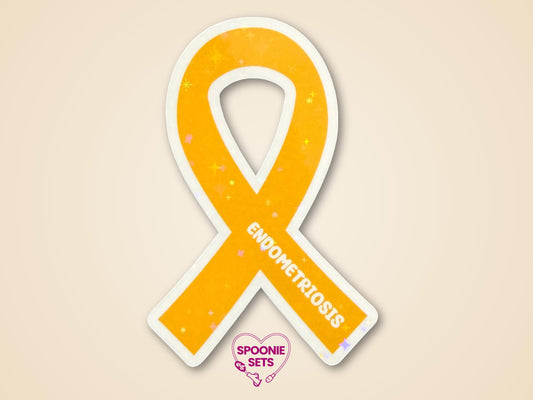 Yellow endometriosis awareness ribbon sticker with "ENDOMETRIOSIS" text and holographic glitter laminate.