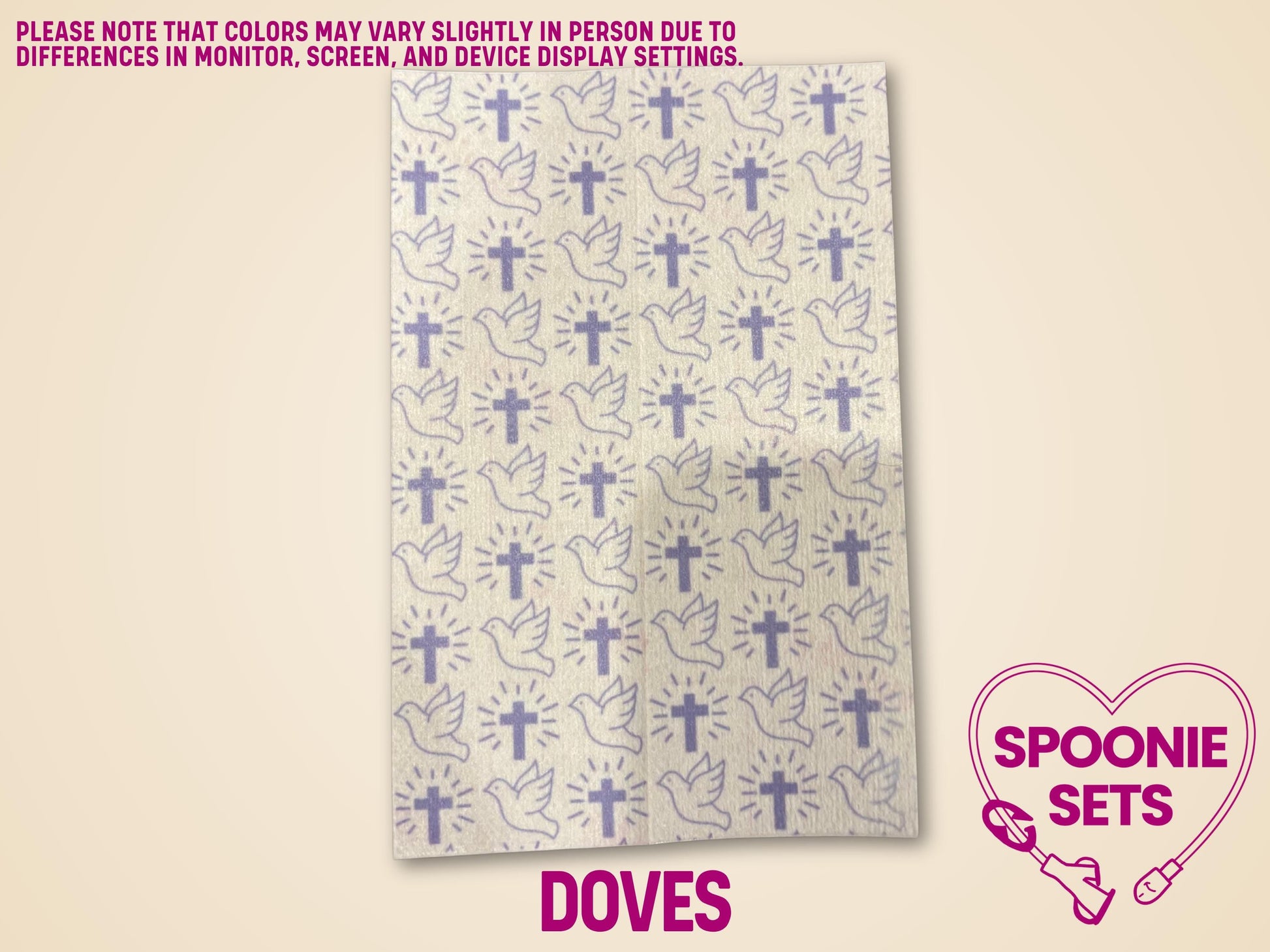 Beige Hypafix tubie tape sheet with repeating light purple crosses and doves pattern.