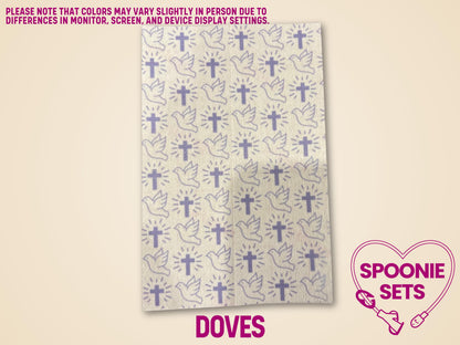 Beige Hypafix tubie tape sheet with repeating light purple crosses and doves pattern.