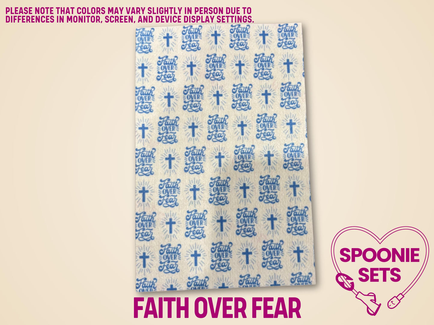 White Hypafix tubie tape sheet with repeating blue "Faith Over Fear" text and crosses.