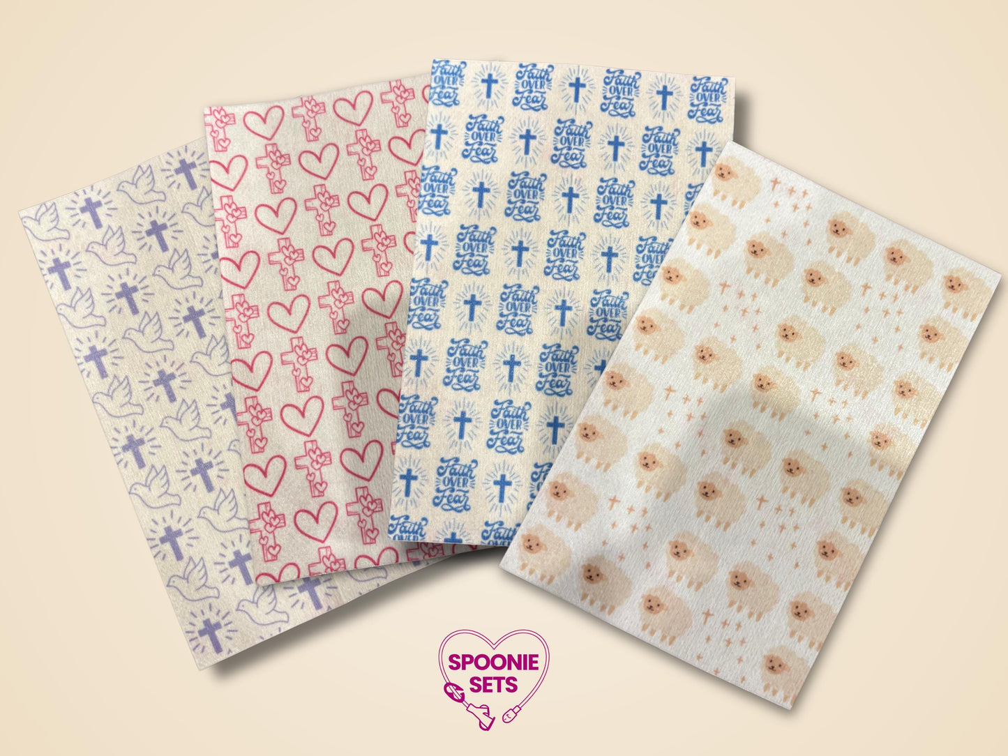 Faith Tubie Tape sheets with crosses, doves, hearts, "Faith Over Fear" text, and sheep designs on Hypafix tape.
