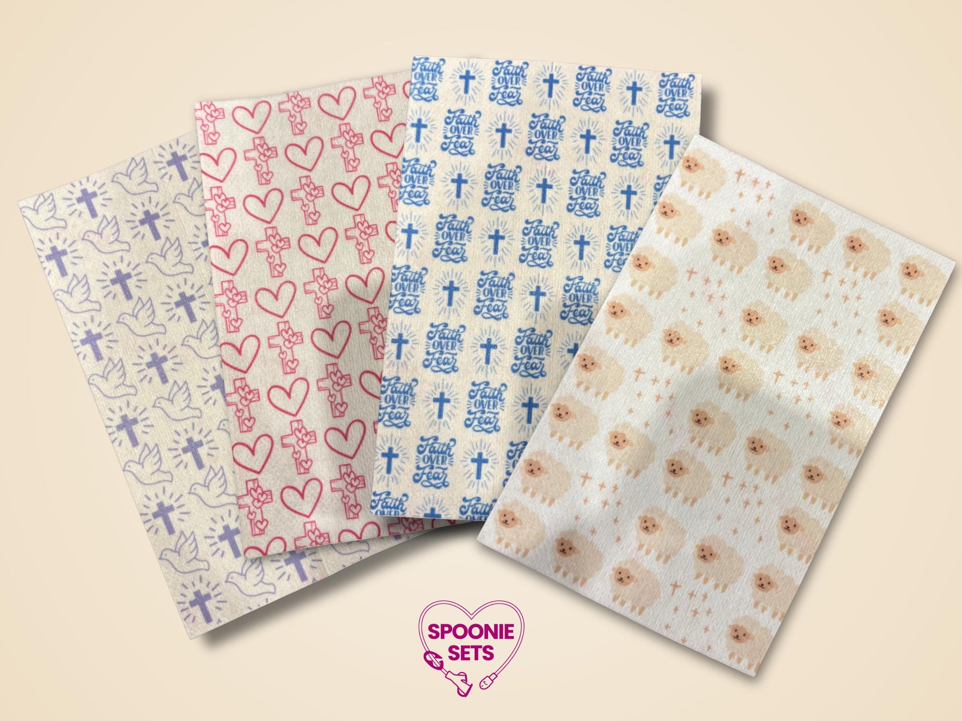 Faith Tubie Tape sheets with crosses, doves, hearts, "Faith Over Fear" text, and sheep designs on Hypafix tape.