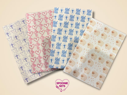 Faith Tubie Tape sheets with crosses, doves, hearts, "Faith Over Fear" text, and sheep designs on Hypafix tape.