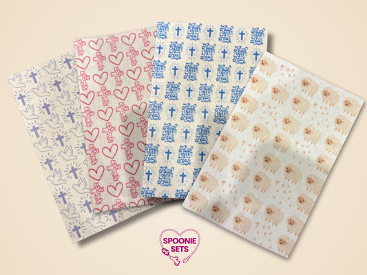 Faith Tubie Tape sheets with crosses, doves, hearts, "Faith Over Fear" text, and sheep designs on Hypafix tape.