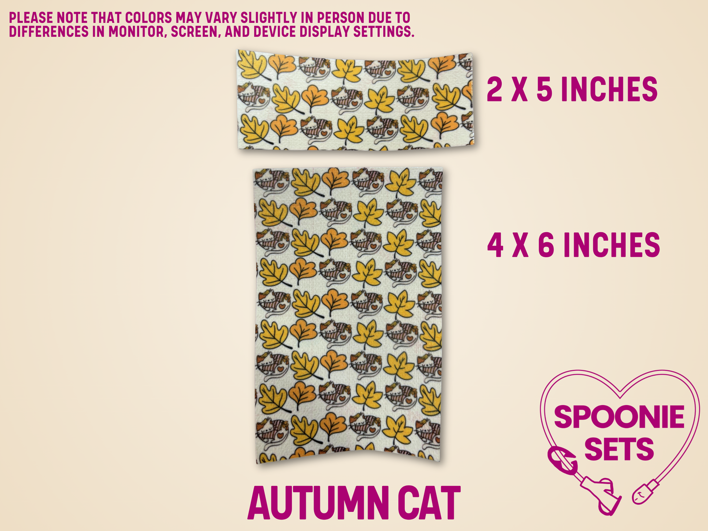 Autumn Cat tubie tape sheets, 2x5 and 4x6 inches, featuring brown cats and yellow-orange fall leaves.