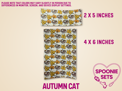Autumn Cat tubie tape sheets, 2x5 and 4x6 inches, featuring brown cats and yellow-orange fall leaves.