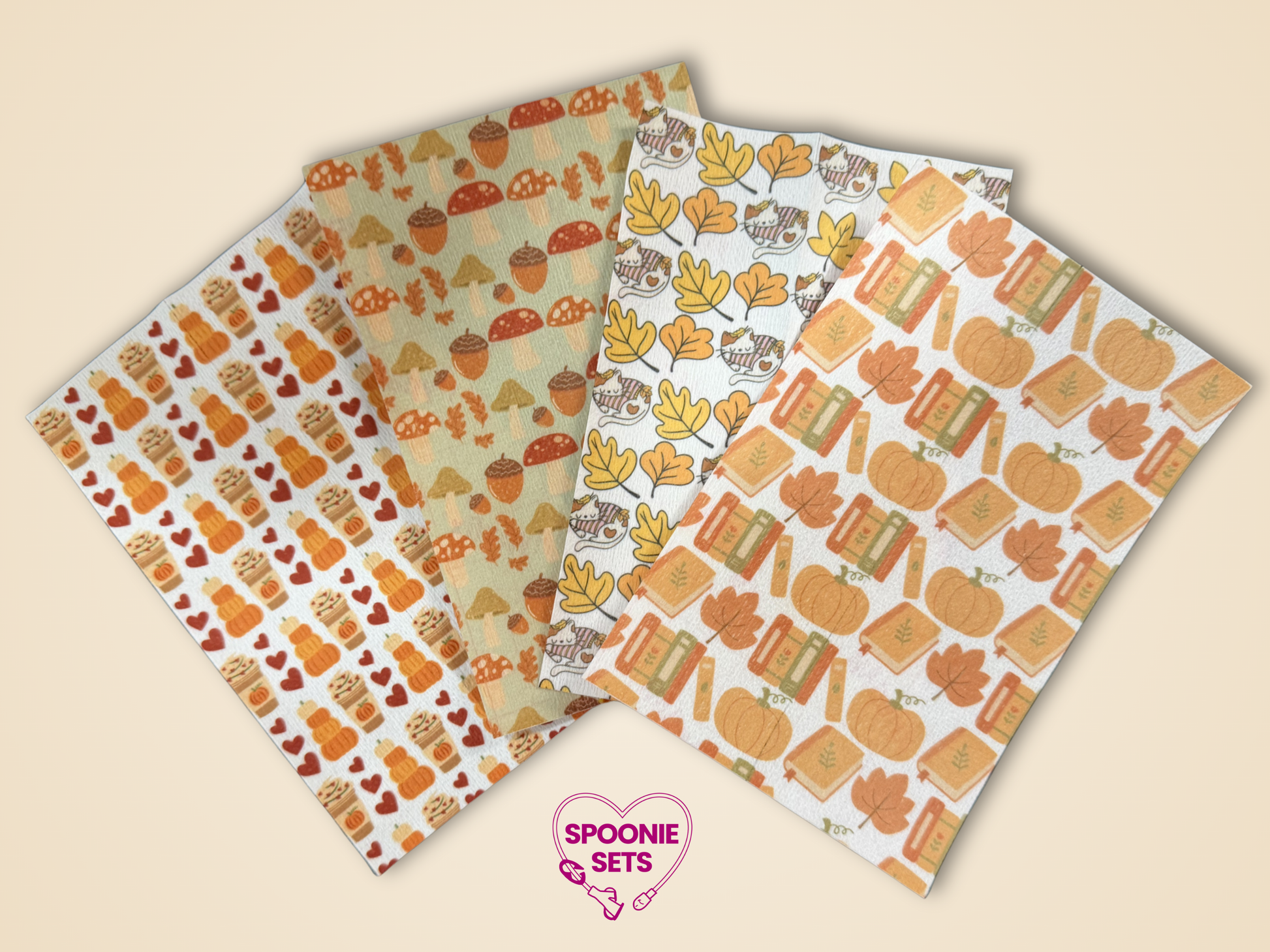 Four sheets of Hypafix tubie tape with fall designs: pumpkin spice, autumn cats, and fall mushrooms.