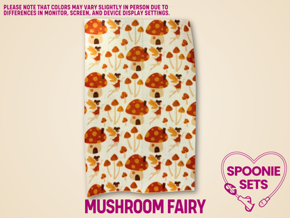 Hypafix tubie tape with a mushroom fairy design in orange and brown.