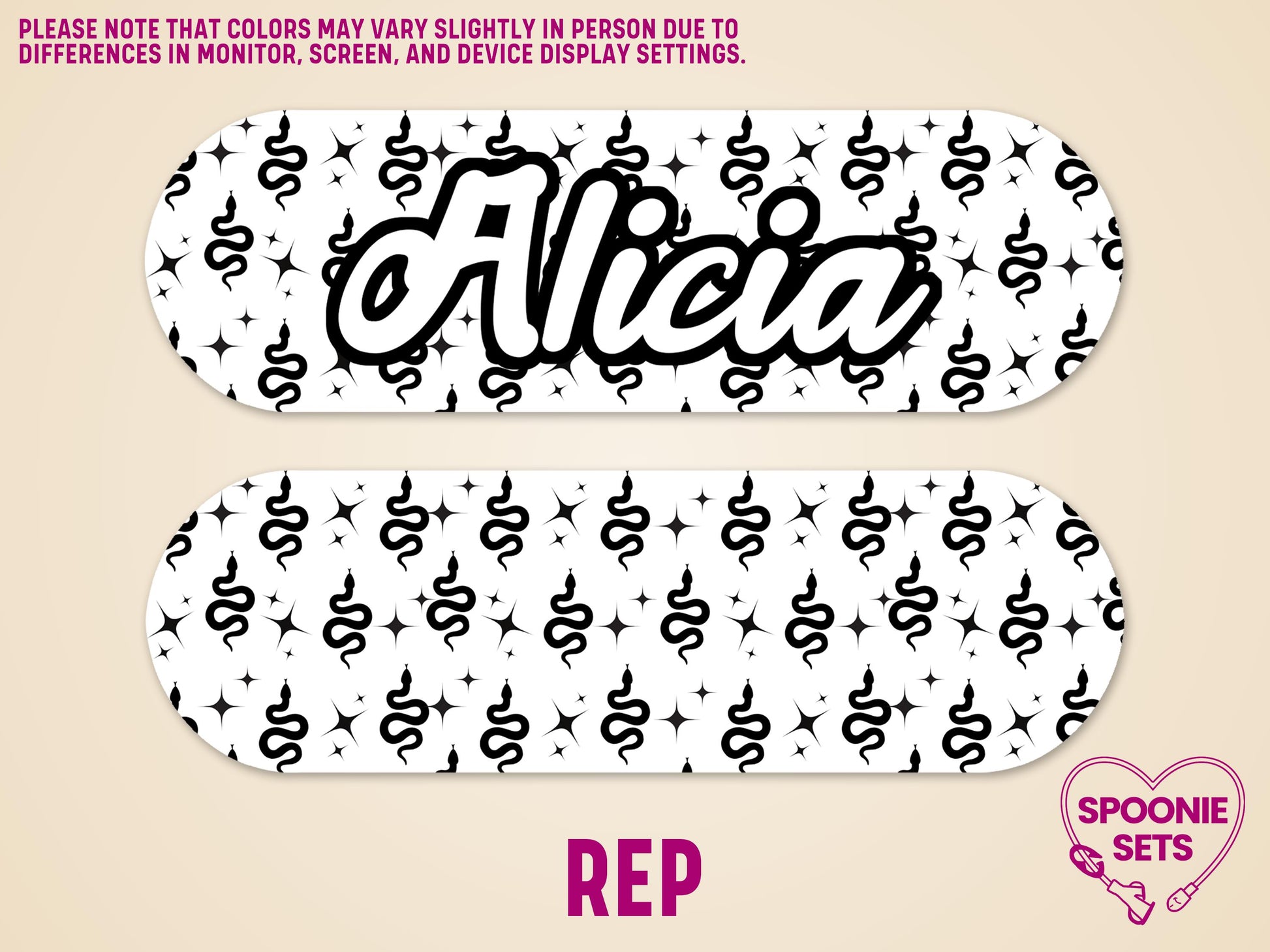 White matte feeding tube pump stickers with black snake and star patterns. One sticker features "Alicia" in script font.