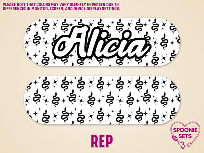 White matte feeding tube pump stickers with black snake and star patterns. One sticker features "Alicia" in script font.
