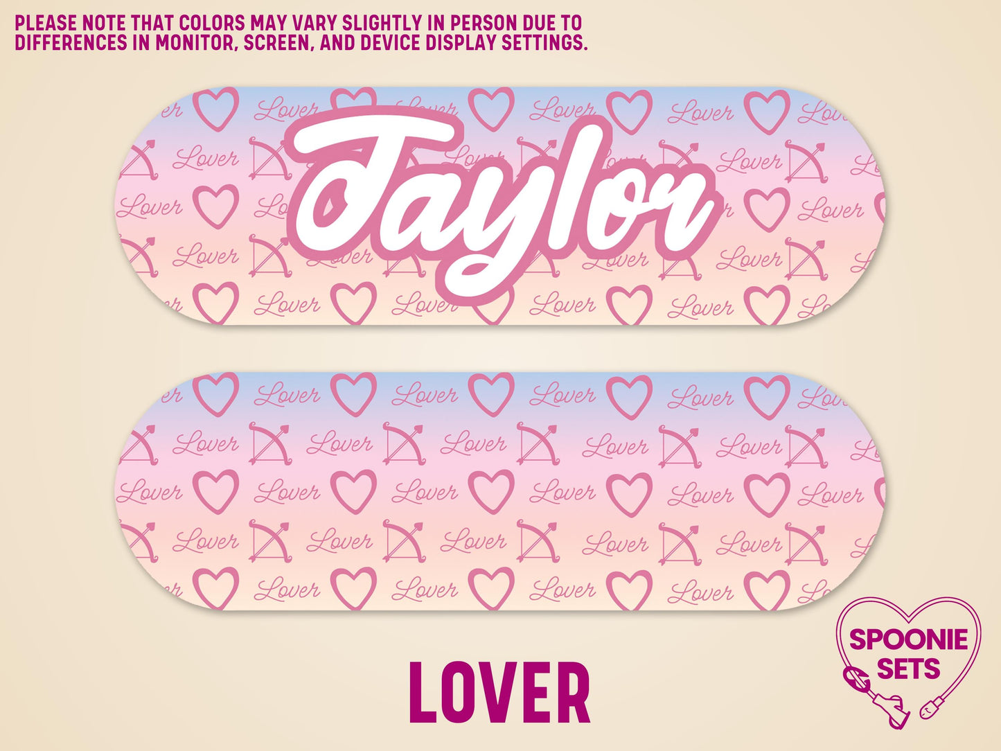 Pink "Lover" album-themed feeding tube pump sticker with "Taylor" in white script, and a matching blank sticker.